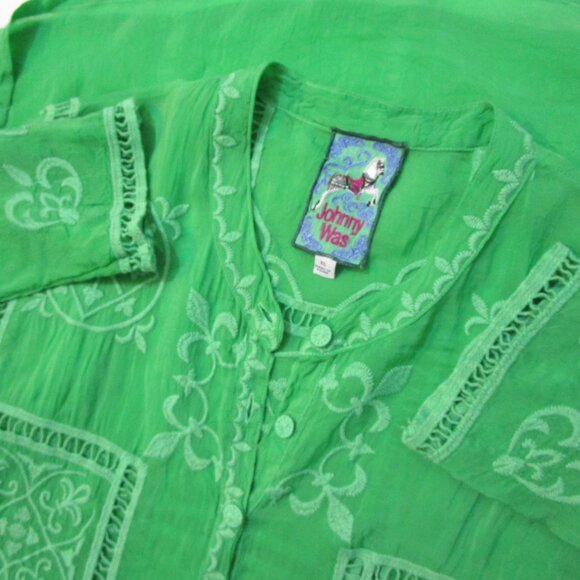 Embroidered Tunic Top Blouse Cheery Green Rayon Bohemian - Picture 4 of 8